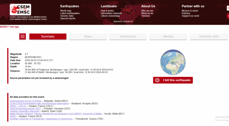 4,7 STEPENI: Novi zemljotres, epicentar kod Nikšića