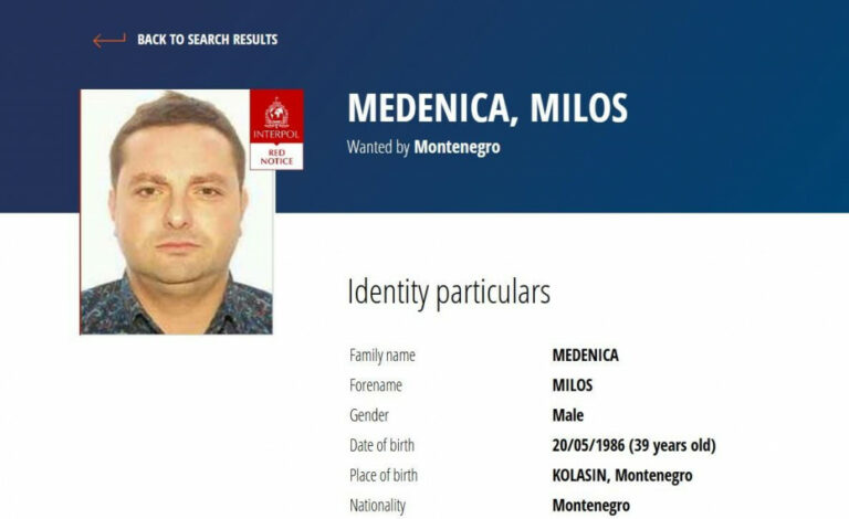 Na zahtjev Crne Gore crvena potjernicu za Medenicom objavljena na stranici Interpola